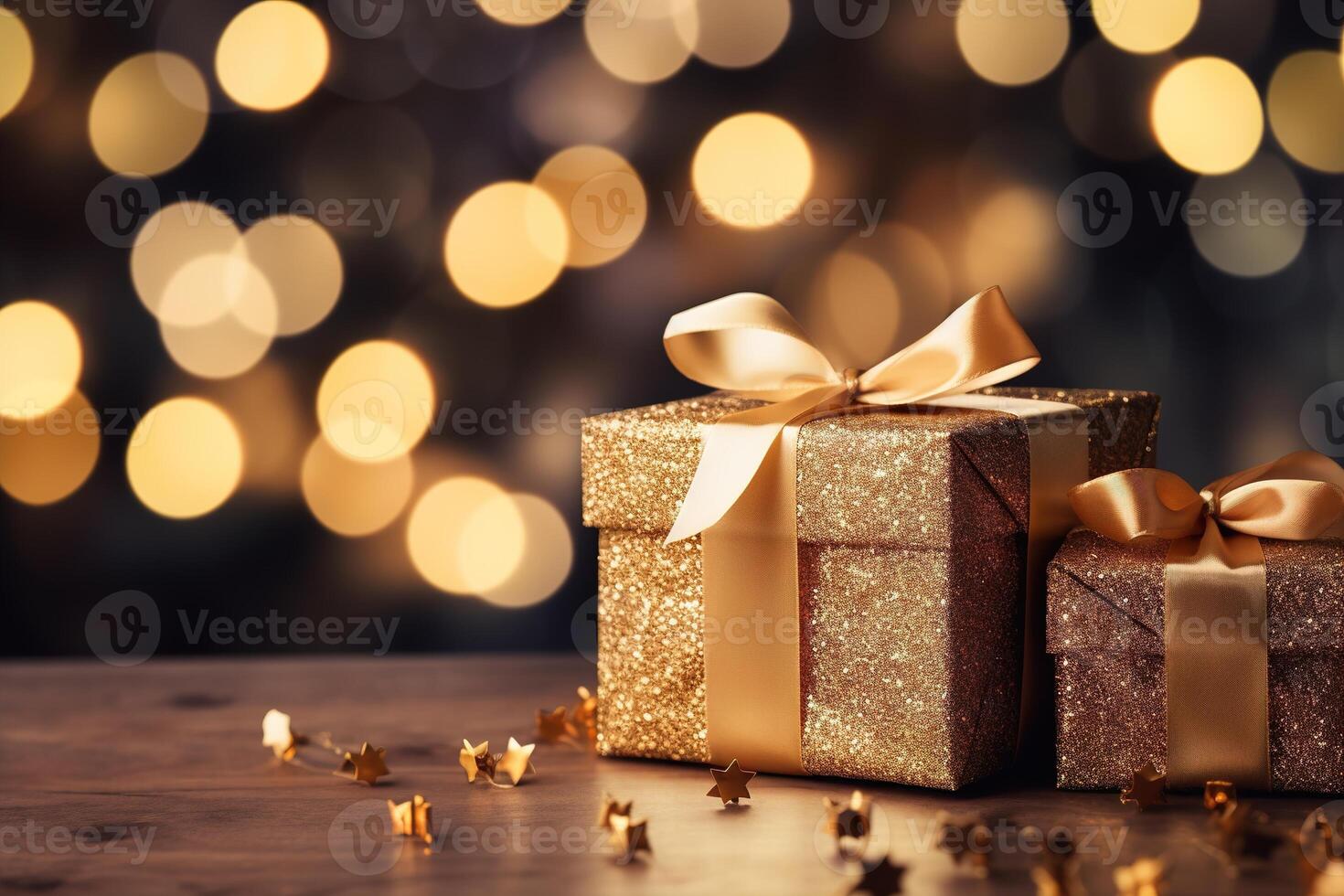 AI generated Holiday gifts wrapped decorated golden boxes with bow on bokeh background with copy space photo