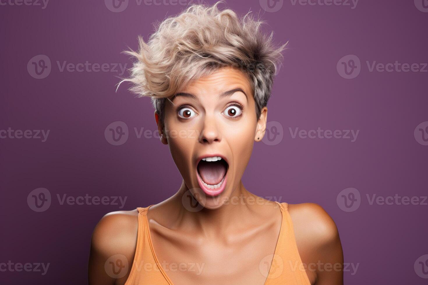 AI generated Female emotional portrait, screaming shocked woman with open mouth and big eyes looking at camera photo