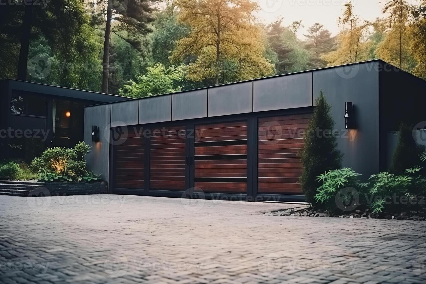 AI generated Exterior modern garage with wooden gates, minimalist design. Property protection photo