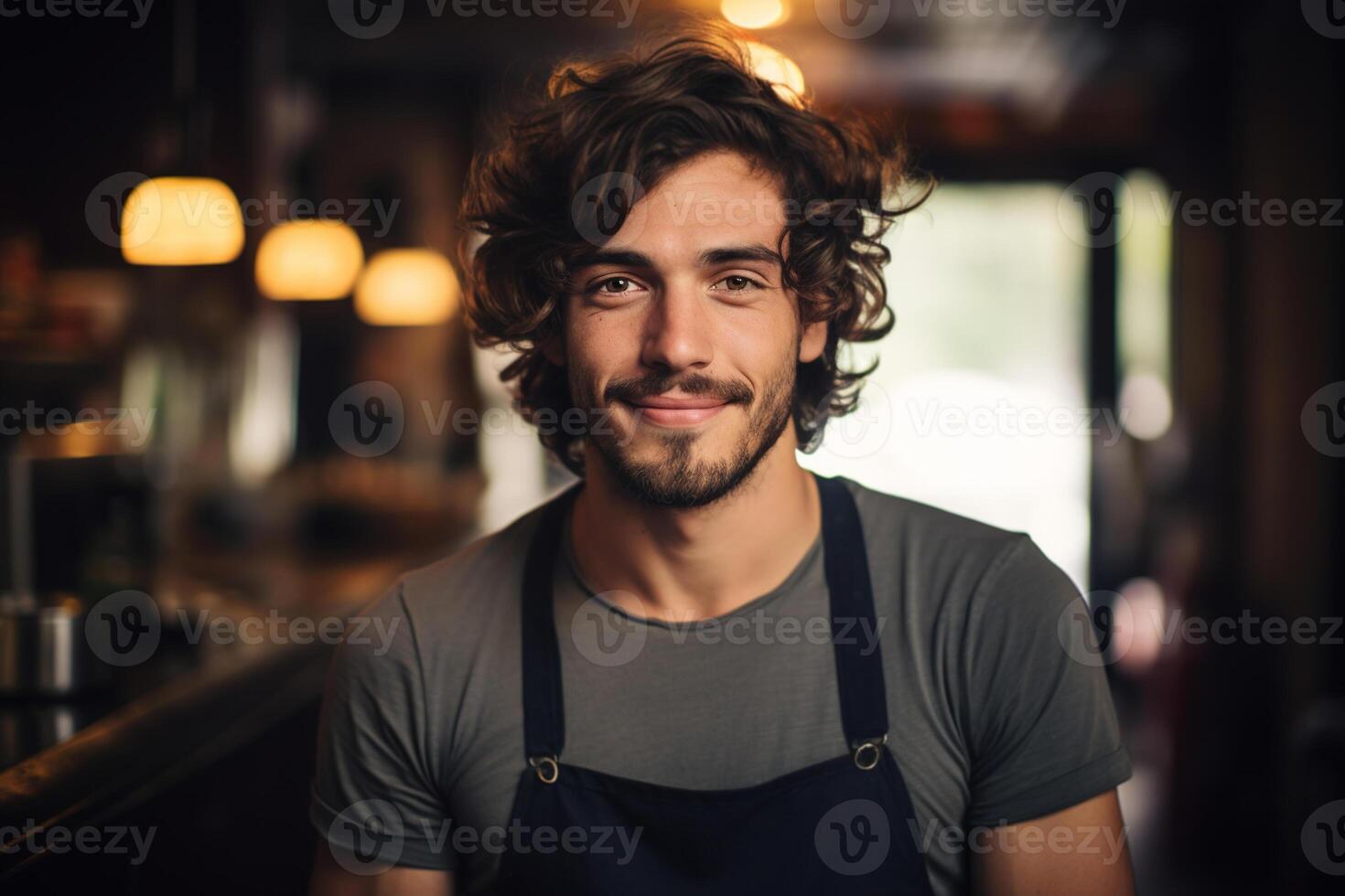 AI generated Handsome pretty Caucasian guy barista in apron in a cafe looking at camera photo