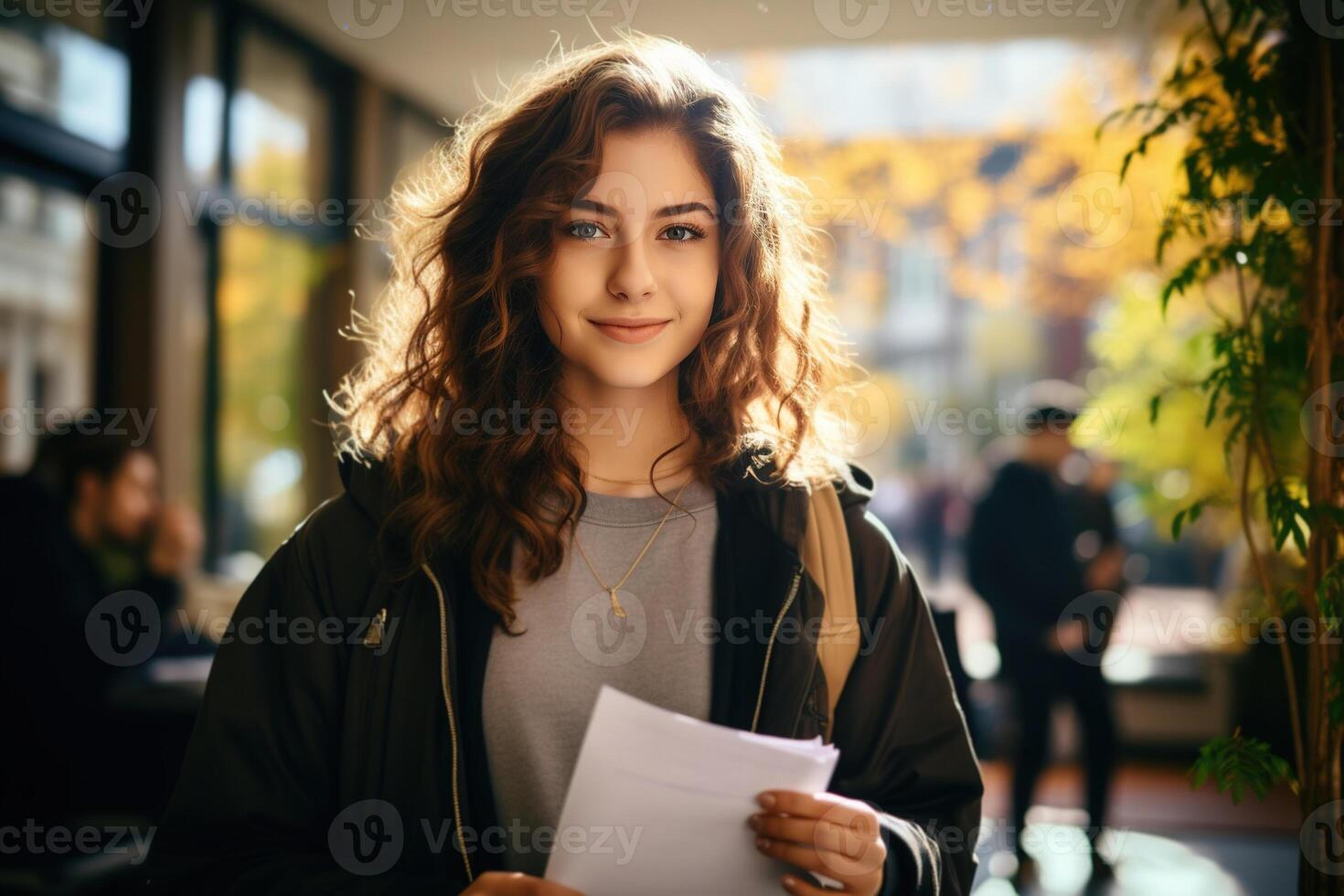 AI generated Cute pretty female college student holding notes papers outdoors, portrait young smiling woman at university campus outside looking at camera photo