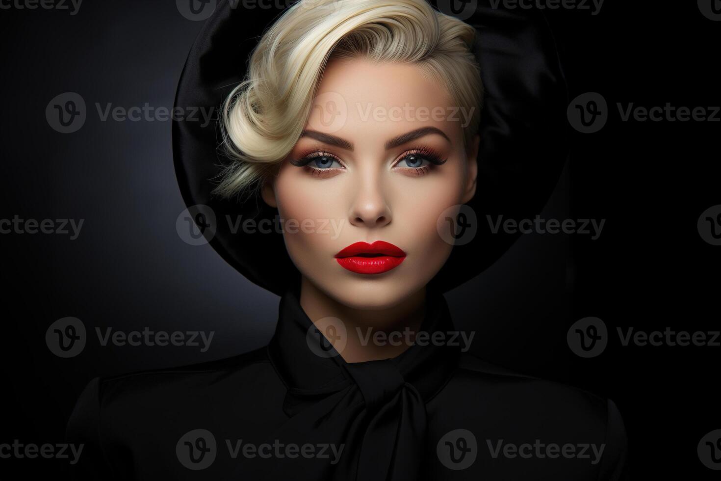 AI generated Portrait of beautiful elegant caucasian blonde woman with make-up and red lipstick wearing black hat on dark background looking at camera photo
