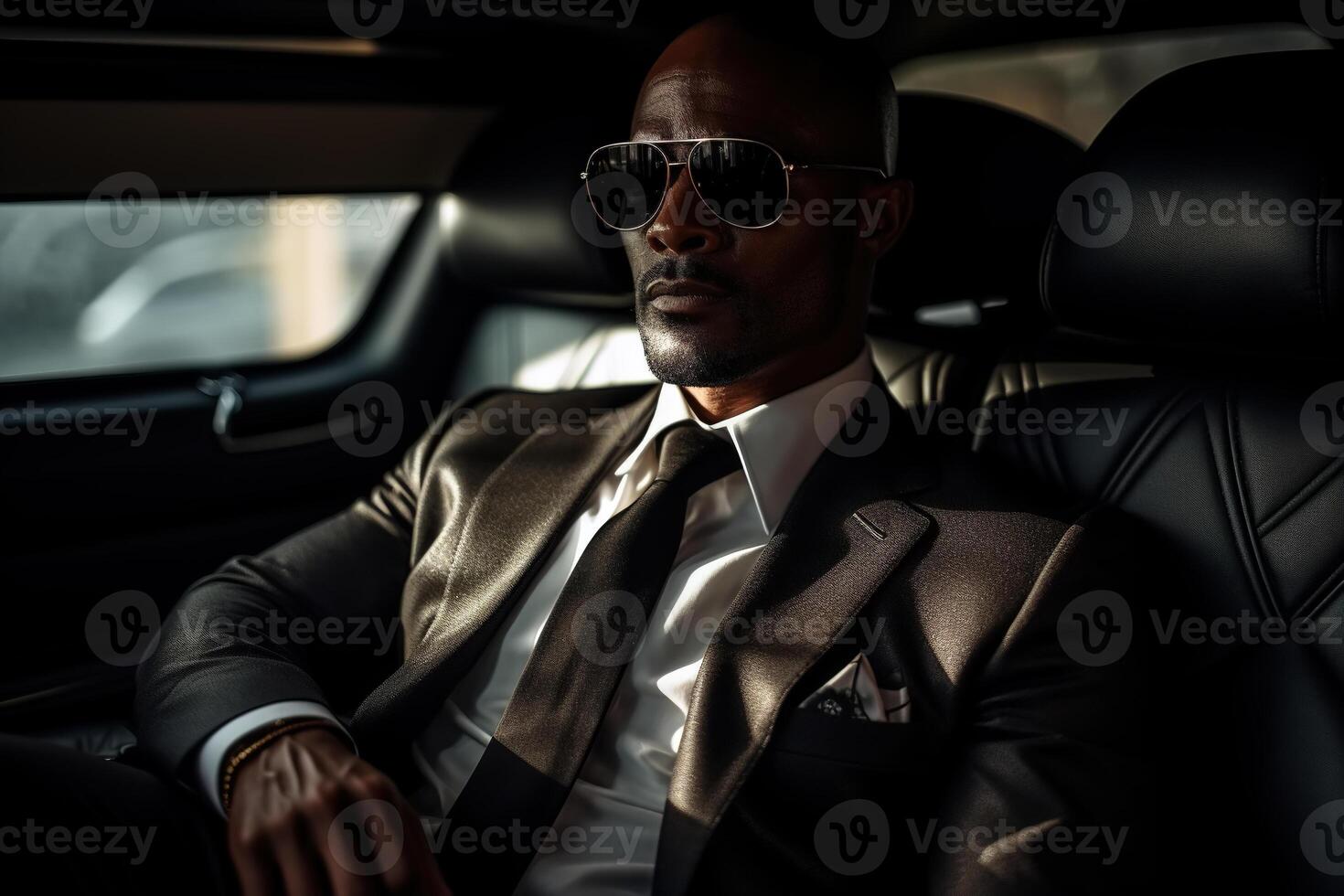 ai generado retrato de africano americano exitoso adulto empresario sentado en lujo auto, Rico negocio hombre en traje y lentes foto