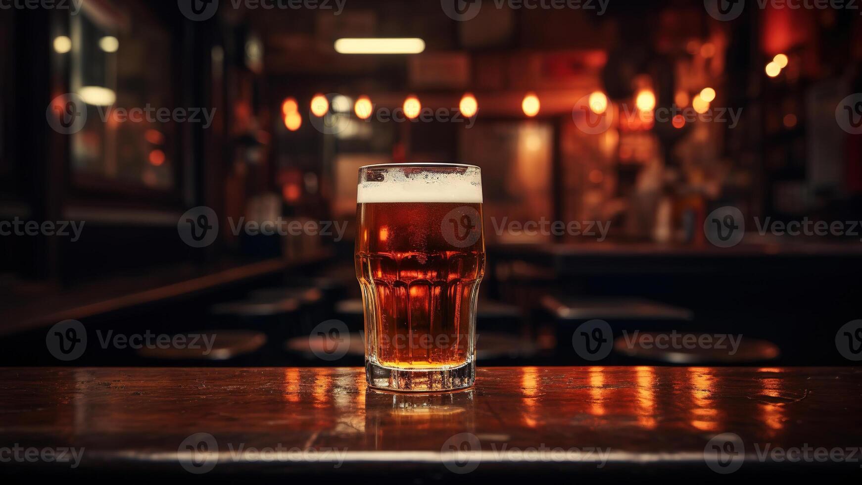 AI generated Glass of foamy beer on bar counter of a pub photo