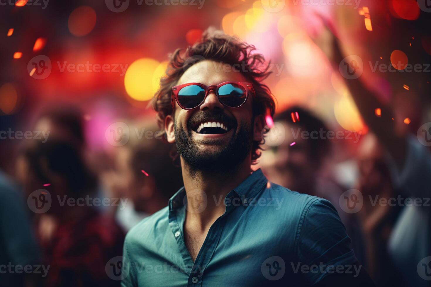 AI generated Happy handsome man at an outdoor festival. Dancing cheerful guy in sunglasses at a music party photo