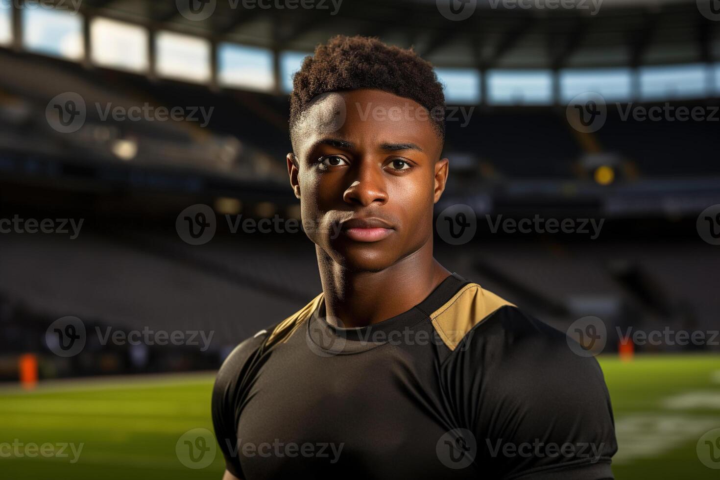 ai generado retrato de grave afro americano joven confidente masculino atleta jugador a estadio al aire libre mirando a cámara foto