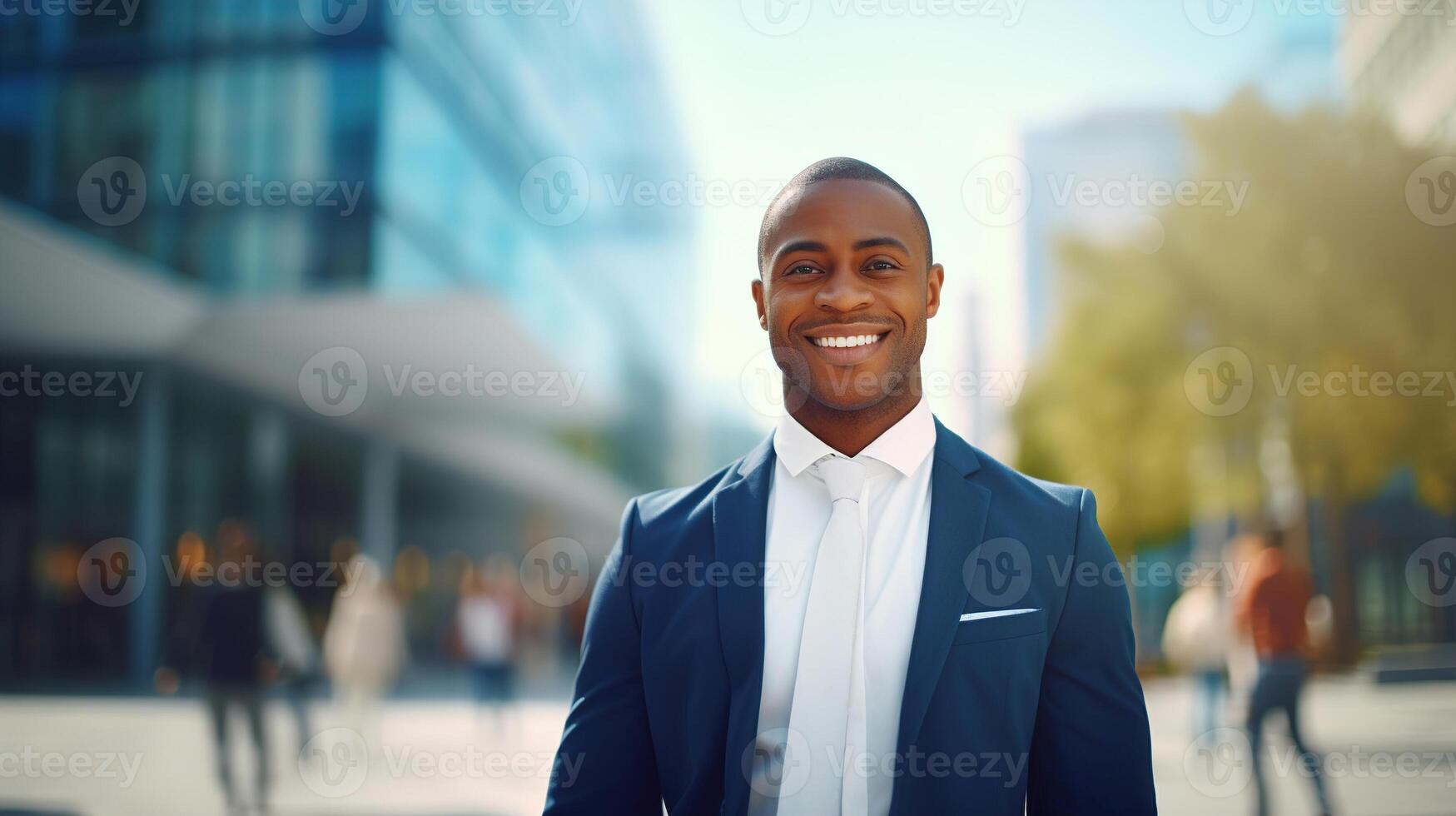 ai generado positivo exitoso africano americano joven empresario en un traje, gerente o oficina trabajador en pie en ciudad centro. masculino negocio estilo de vida retrato con Copiar espacio foto