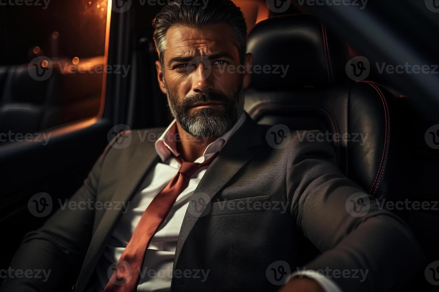 AI generated Portrait of an adult glamorous businessman sitting in a luxury car, a successful caucasian handsome business man middle-aged passenger in a suit photo