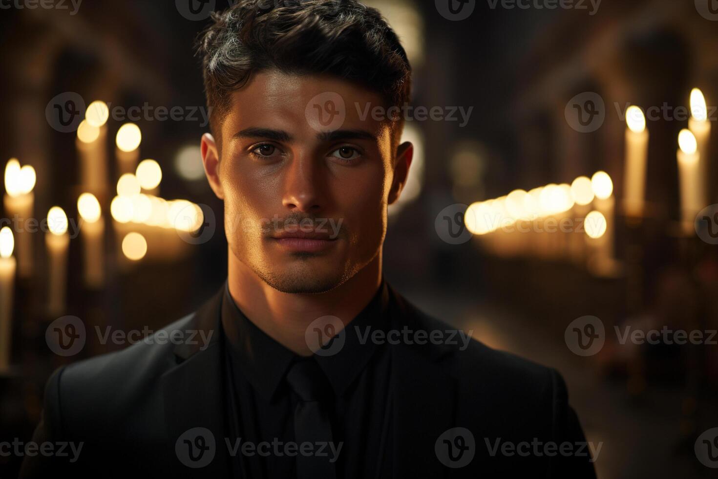 AI generated Portrait of a young handsome man in a black suit standing in corridor with candles and looking at camera photo
