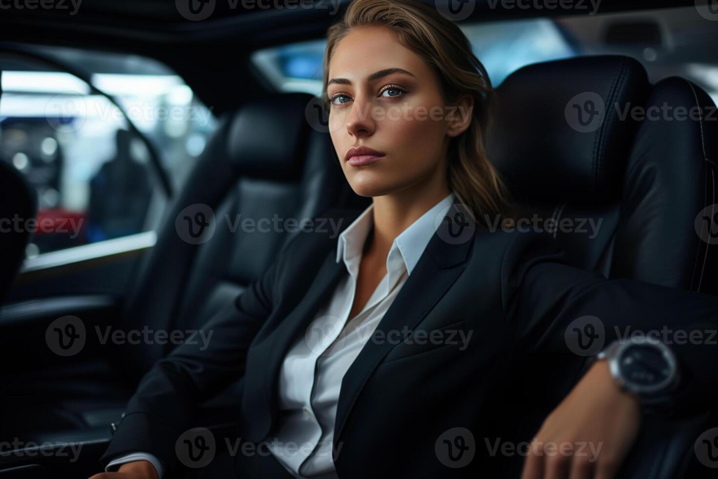 AI generated Business stylish young woman in a suit sitting in a car and looking away. Businesswoman in expensive transport photo