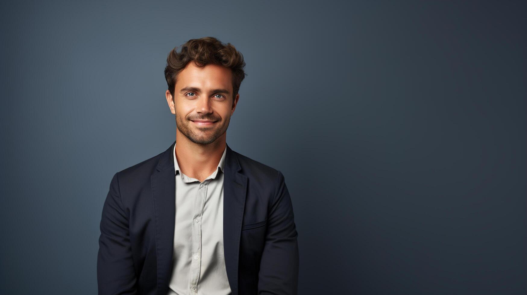 ai generado hermoso sonriente chico en chaqueta en azul antecedentes con Copiar espacio, longitud de la cintura retrato de joven hombre mirando a cámara foto