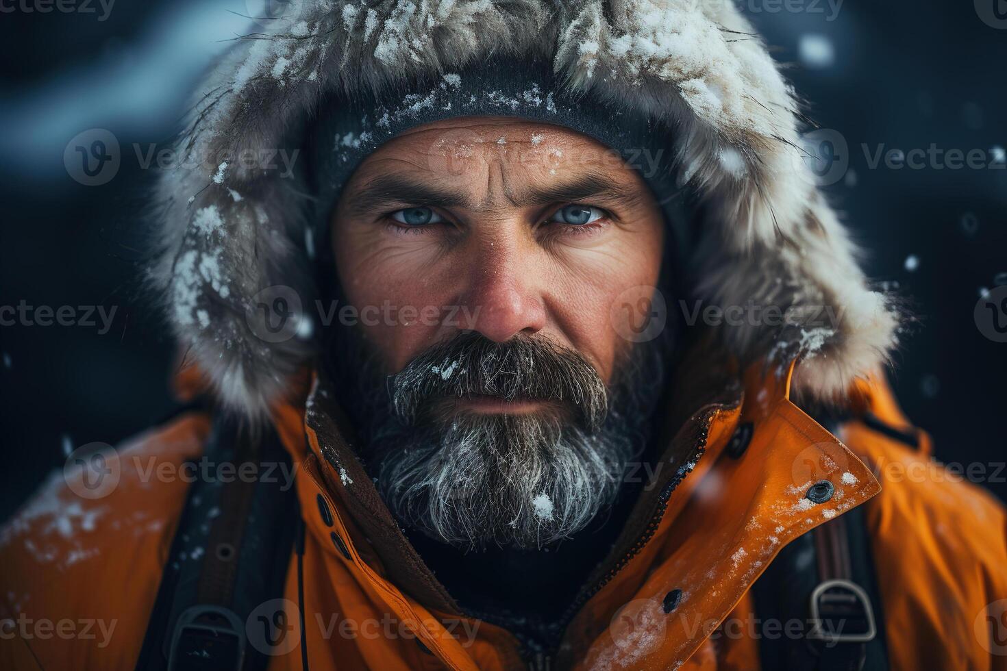 ai generado retrato grave adulto masculino polar explorador en capucha mirando a cámara en invierno Nevado frío día, barbado hombre viajero al aire libre foto