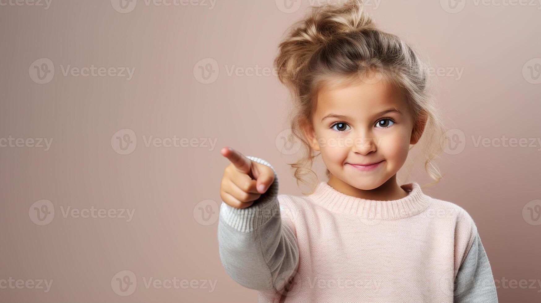 AI generated Portrait of a beautiful cute little caucasian girl pointing finger gesture, pointing to an empty space. Banner with copy space photo