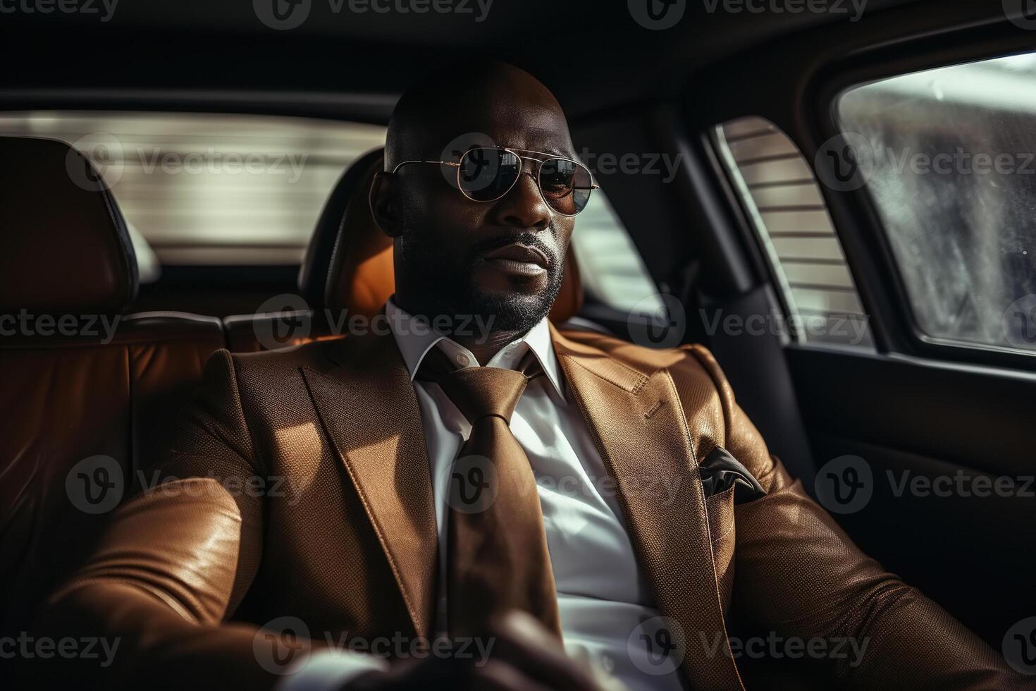 AI generated African American confident adult businessman sitting in luxury car, successful wealthy business man in suit and sunglasses. Business and finance concept photo