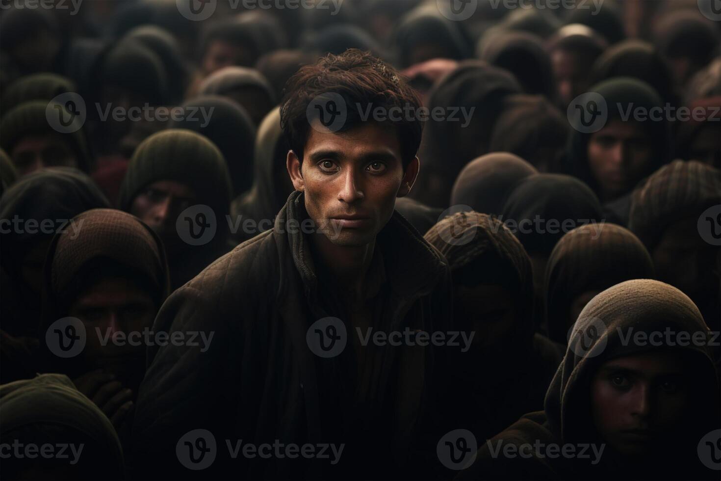 AI generated Crowd of refugees from Middle East. Sad depressed man of Eastern nationality in a crowd of migrant people, social problem concept photo