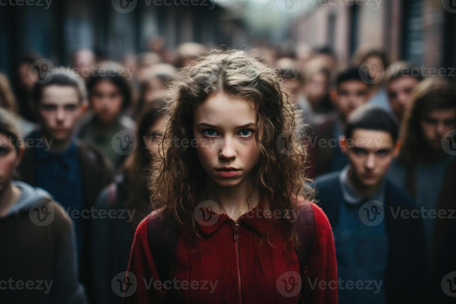 ai generado multitud de grave niños en calle, caucásico niña con un maletín mirando a cámara foto