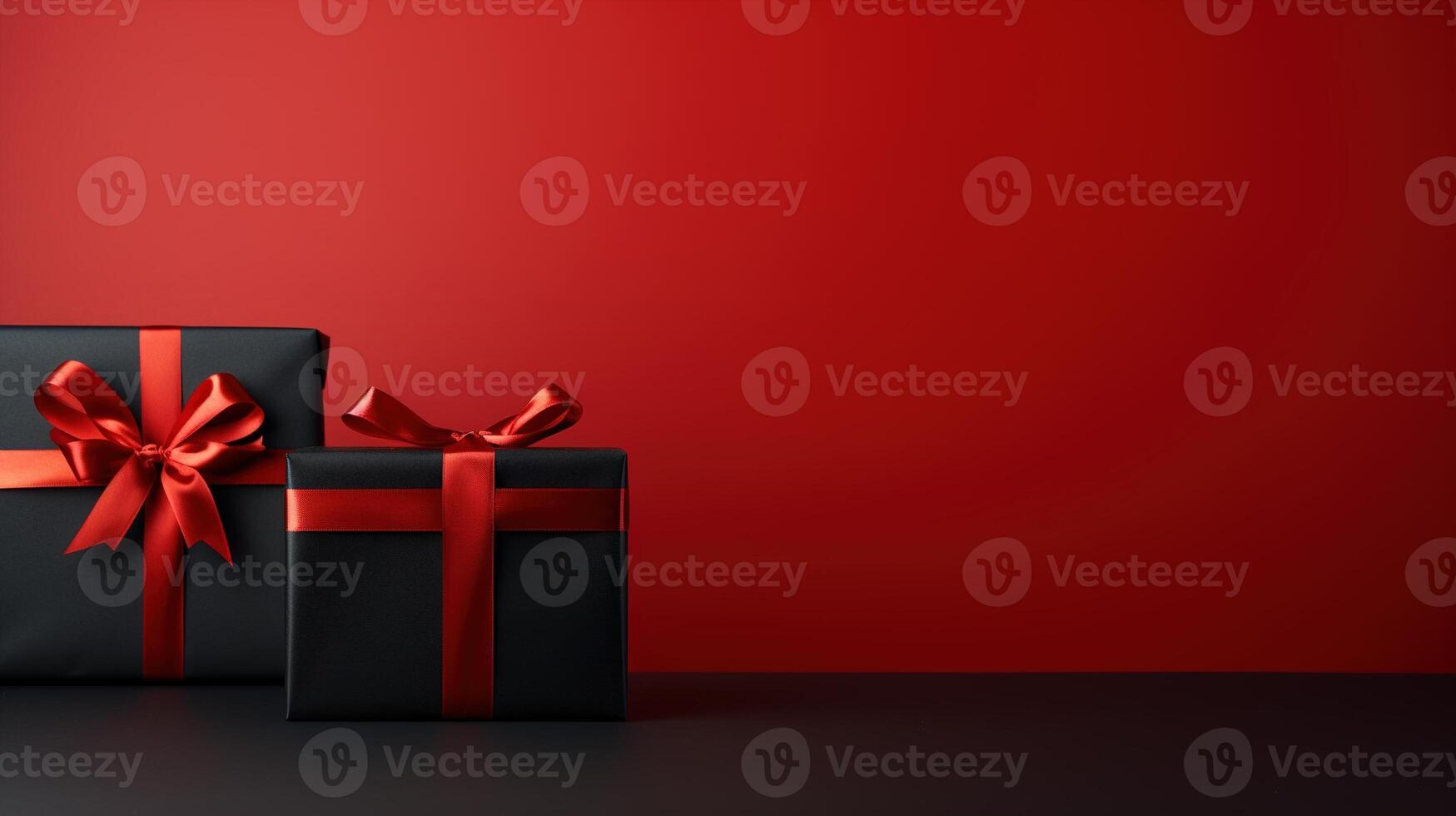 AI generated Two black gift box on red background with empty space for advertising, Black Friday concept. Minimalism banner with copy space photo