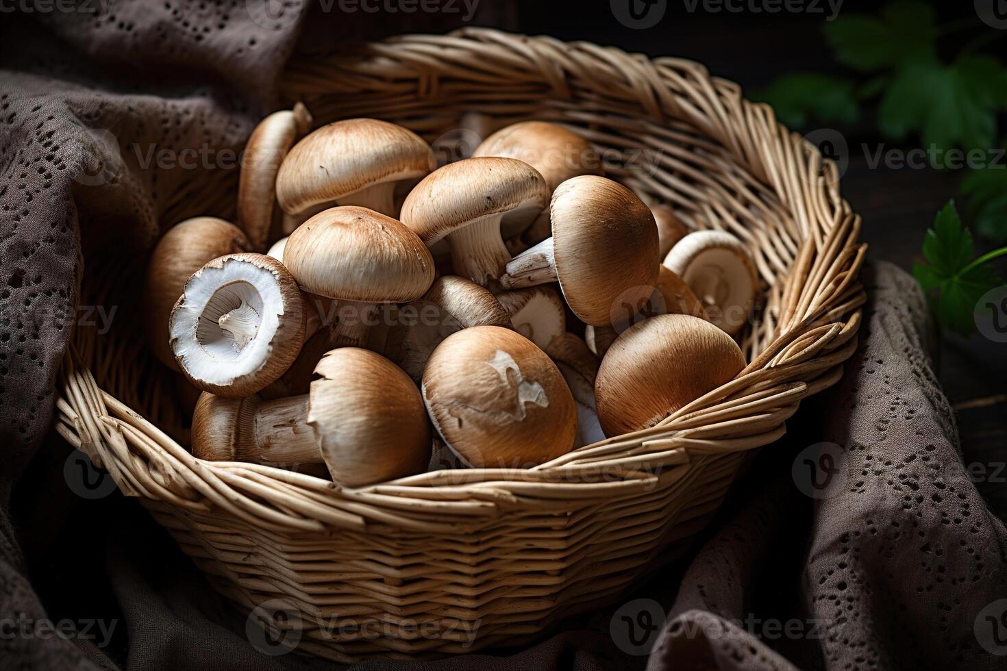 AI generated Edible porcini mushrooms in a wicker basket on fabric, top view food still life photo