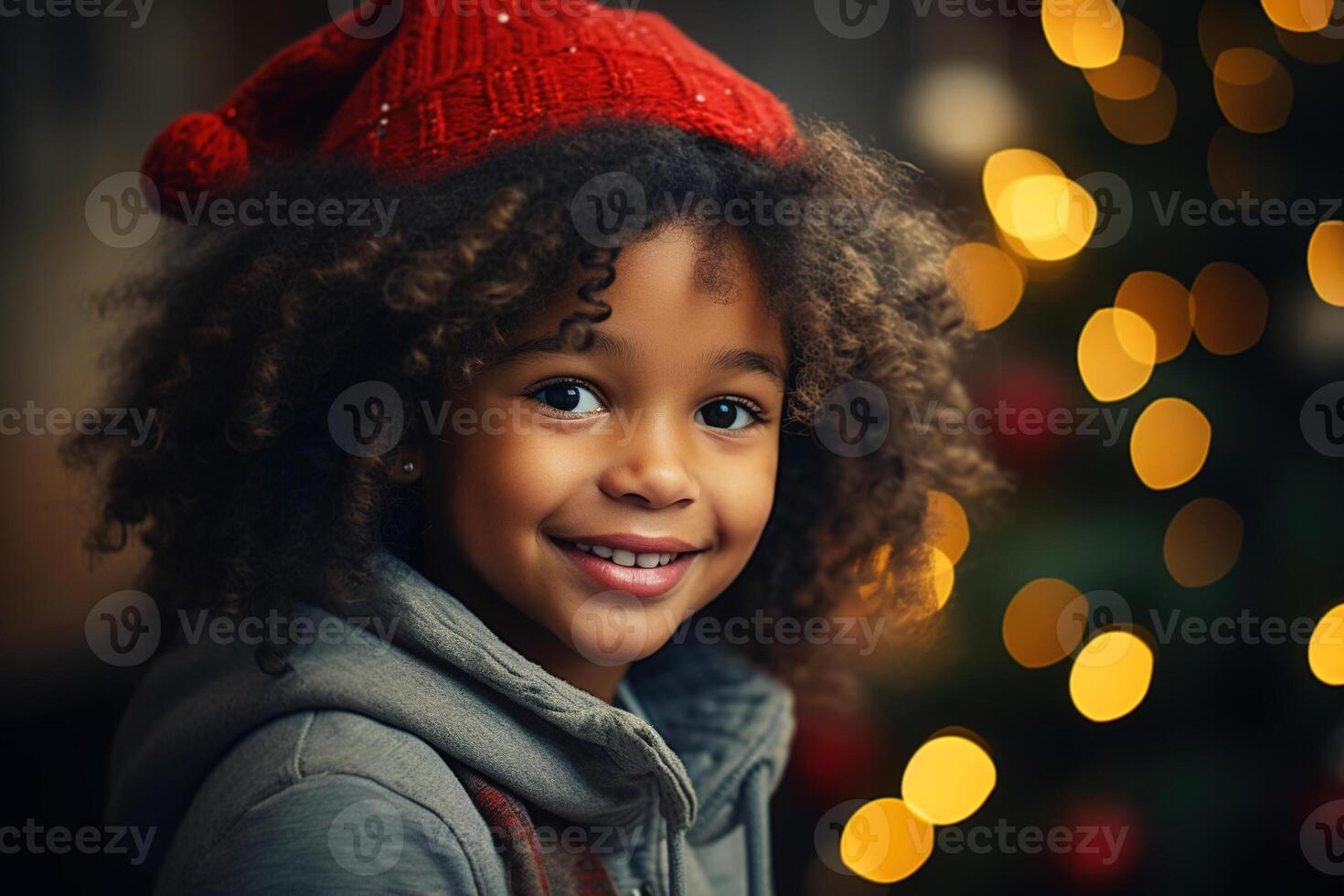 AI generated Smiling cute african american girl in festive red hat against background of decorated garland Christmas tree indoors, xmas child portrait photo