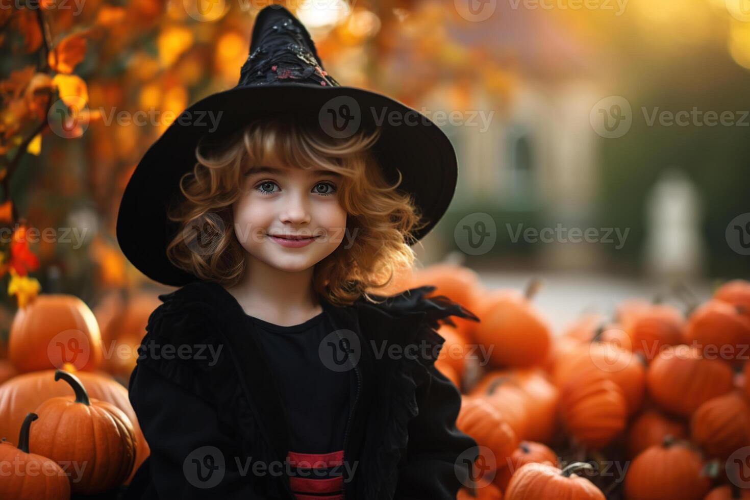 AI generated Halloween holiday concept, cute caucasian girl in witch costume and black hat with pumpkins on street on autumn day photo