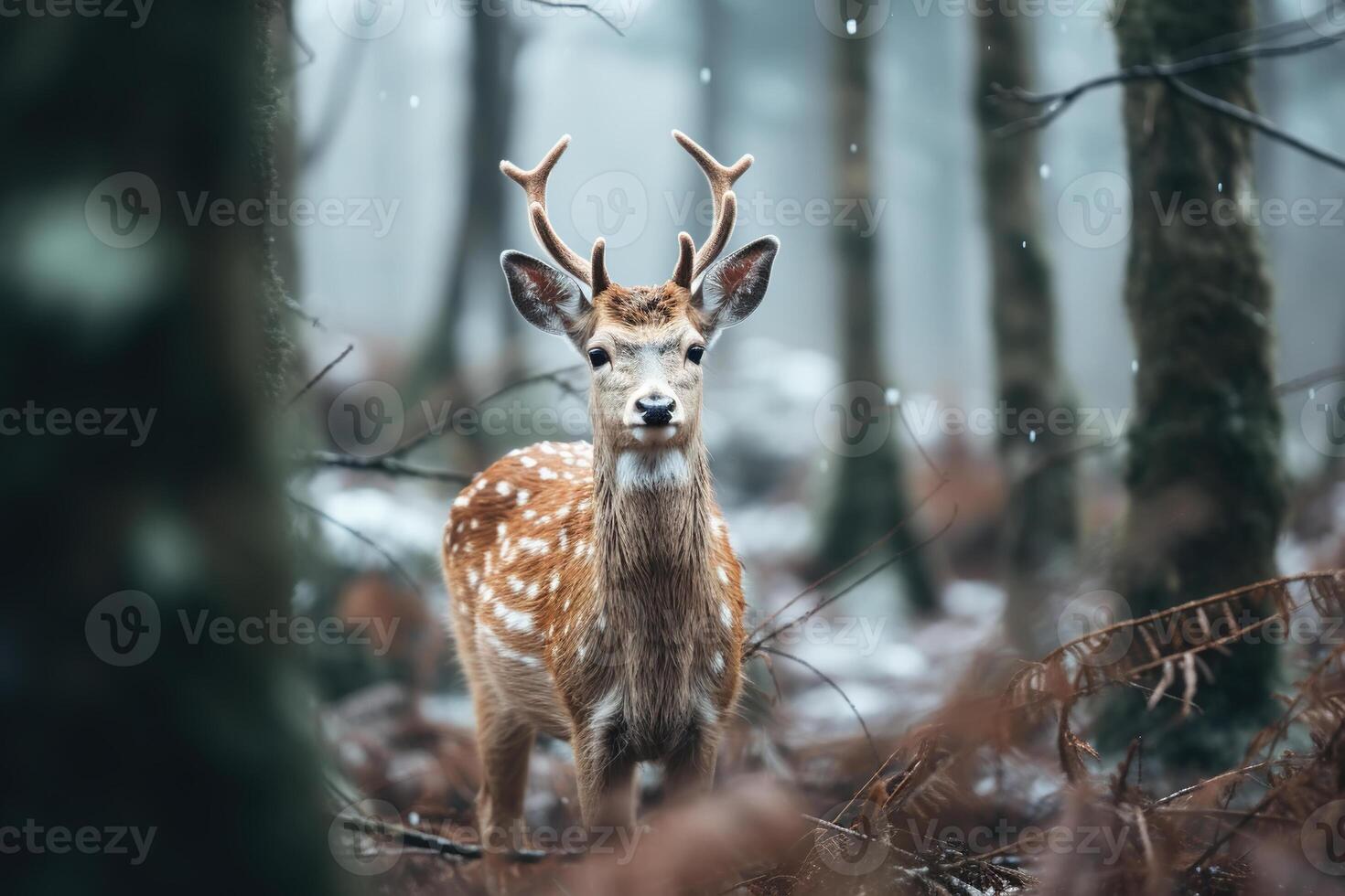 ai generado ciervo con cornamenta en un Nevado bosque en invierno día mirando a cámara. salvaje animal tema foto
