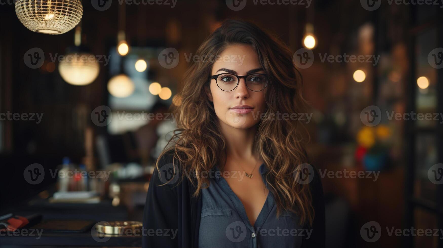 AI generated Portrait of an adult woman wearing glasses and standing in a cafe looking at camera. Customer or cafeteria owner photo