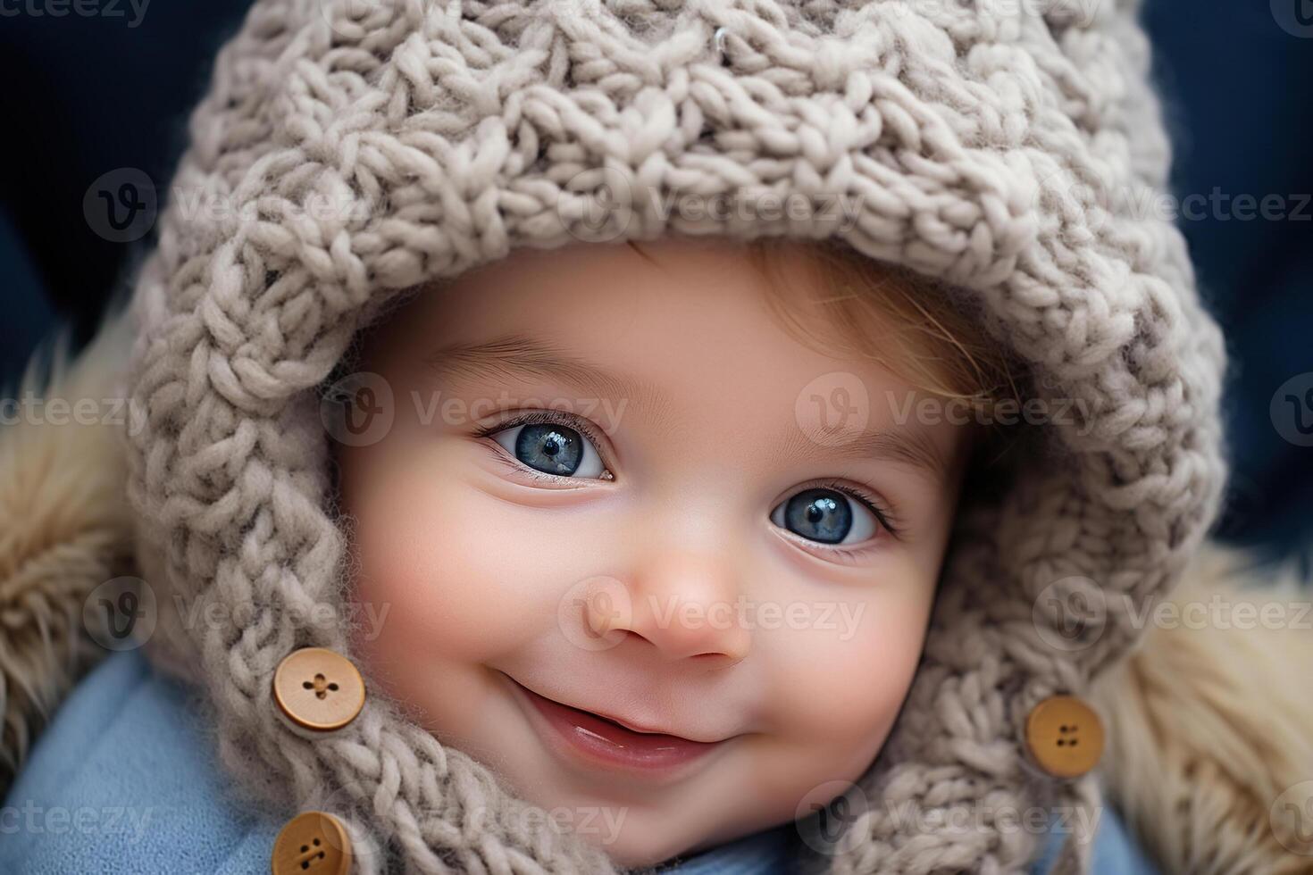 AI generated Child portrait, cute positive smiling newborn baby in a knitted hat looking at camera photo