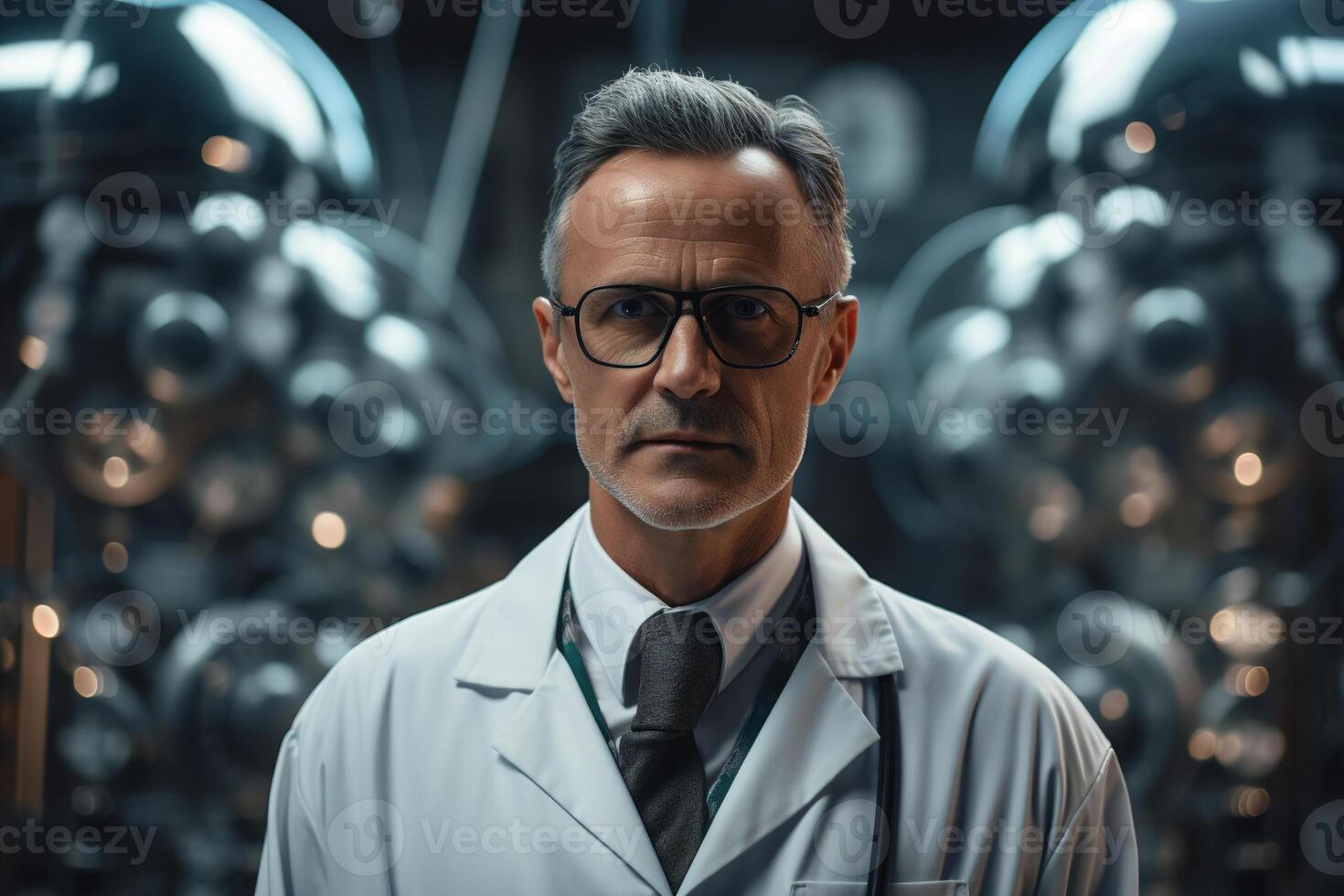 AI generated Portrait front view scientist doctor wearing glasses and white coat standing in laboratory and looking at camera photo