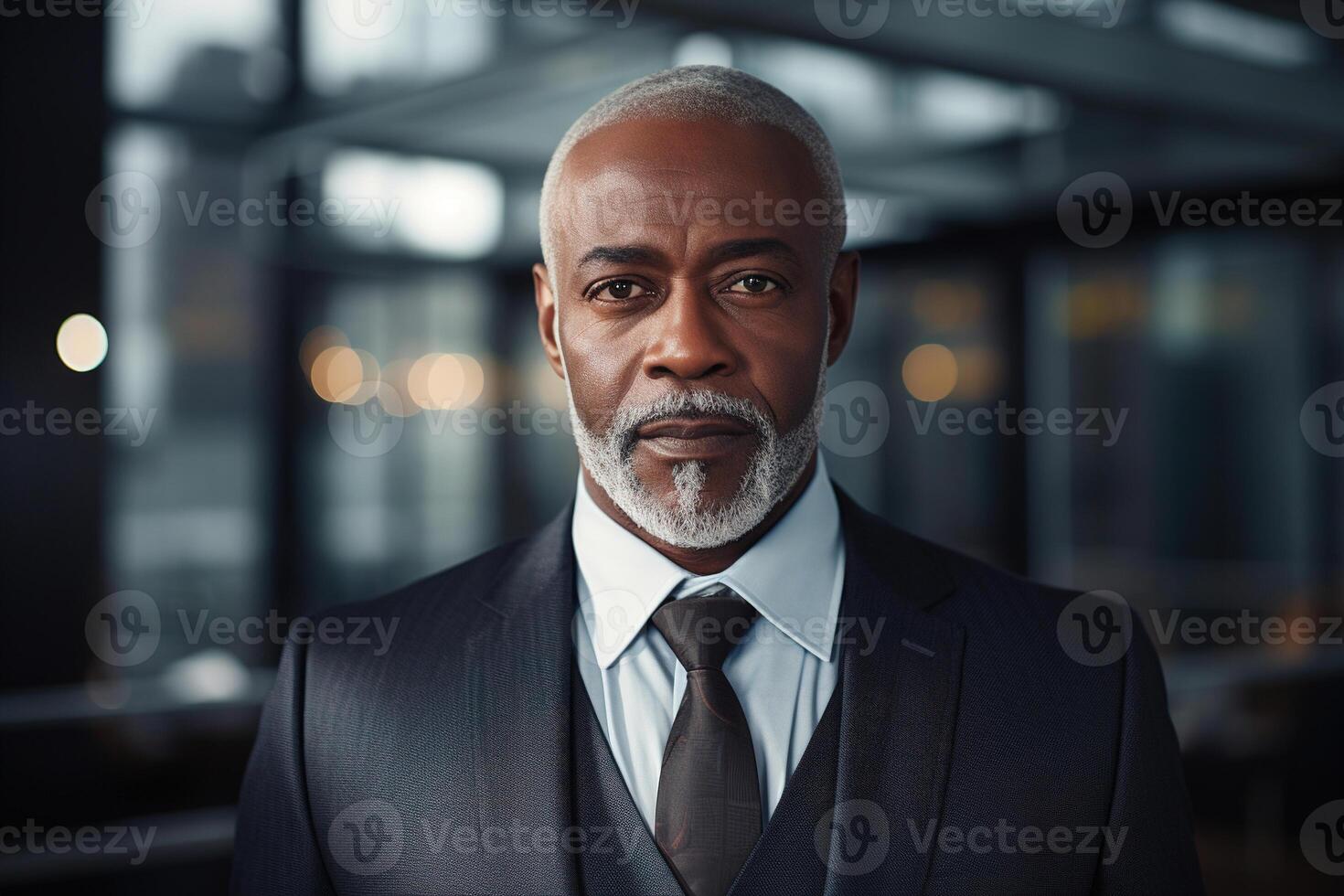 AI generated Male business portrait, successful confident middle-aged African American businessman in a suit in office looking at camera photo