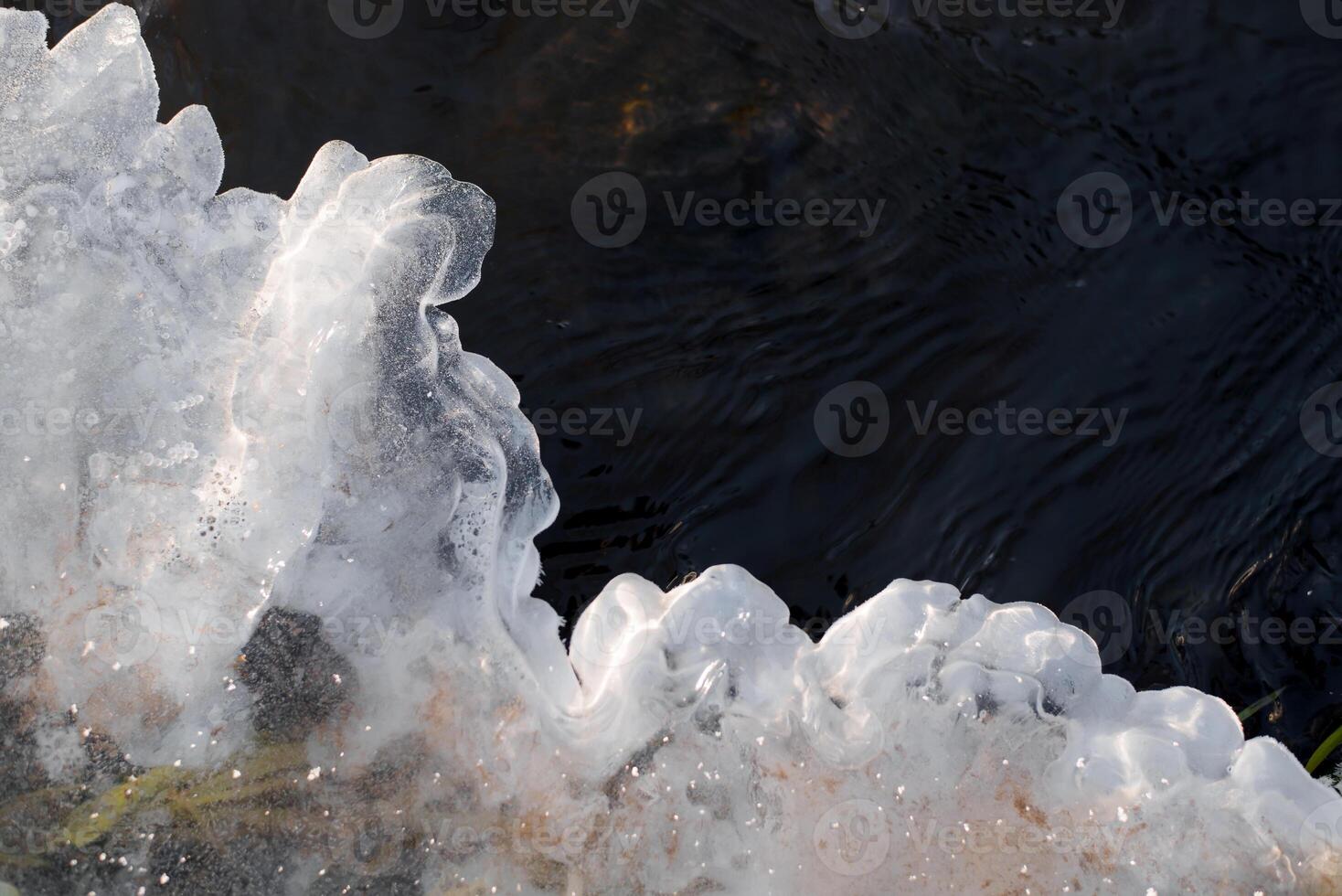 Frozen stream. Ice near the shore. Winter background, copy space photo