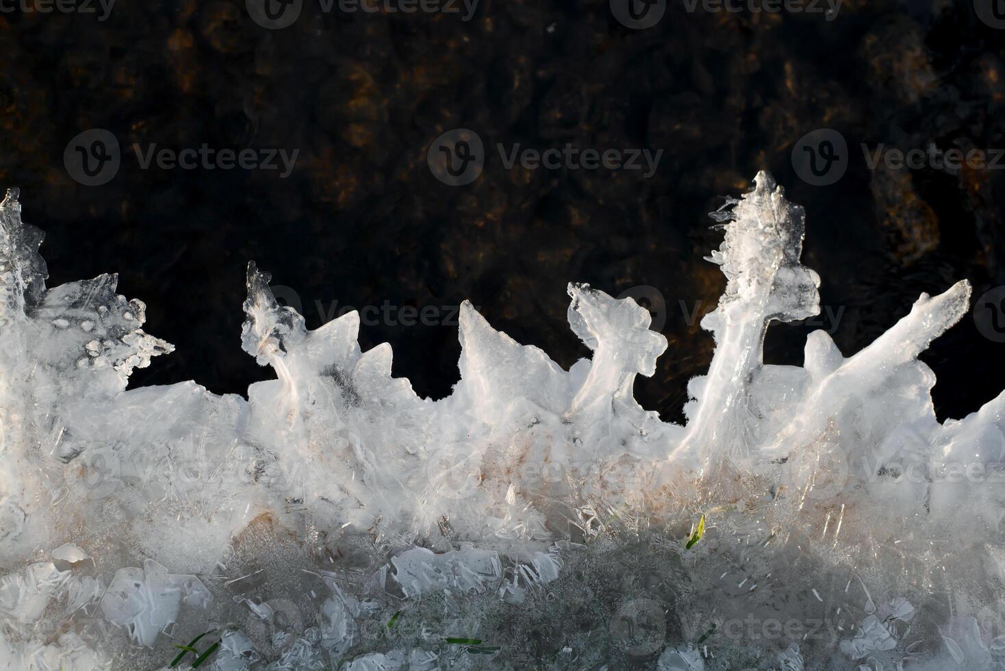 Frozen stream. Ice patterns. Winter background, copy space. photo