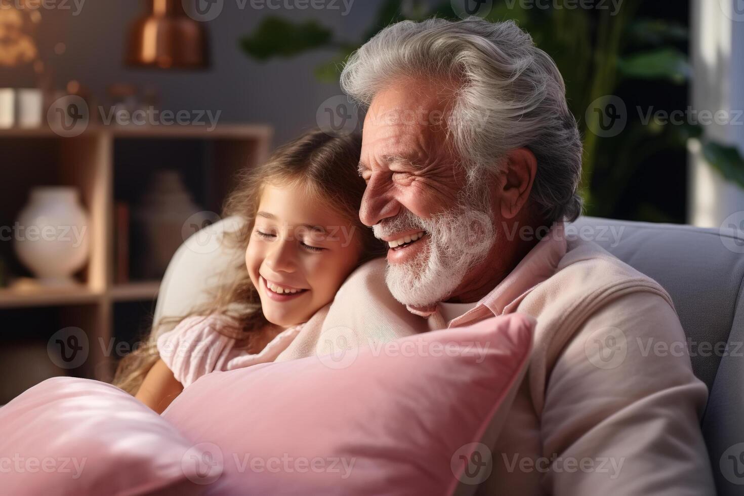 AI generated Family concept portrait, happy grandfather and granddaughter hugging together while sitting on sofa in room photo