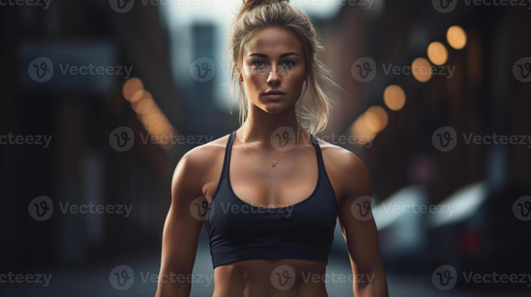 AI generated Strong slim fitness woman in a sports top standing on a city street, training outdoors photo