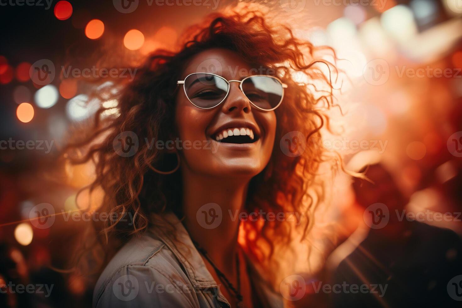 AI generated Happy laughing hipster woman with glasses having fun at music festival dancing in crowd of people in nightclub. Enjoying Caucasian young hippie woman at a party, lifestyle photo
