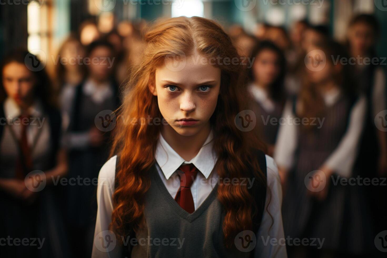 AI generated School bullying and shaming. Portrait of a sad offended red-haired Caucasian schoolgirl in a crowd of girls at school photo