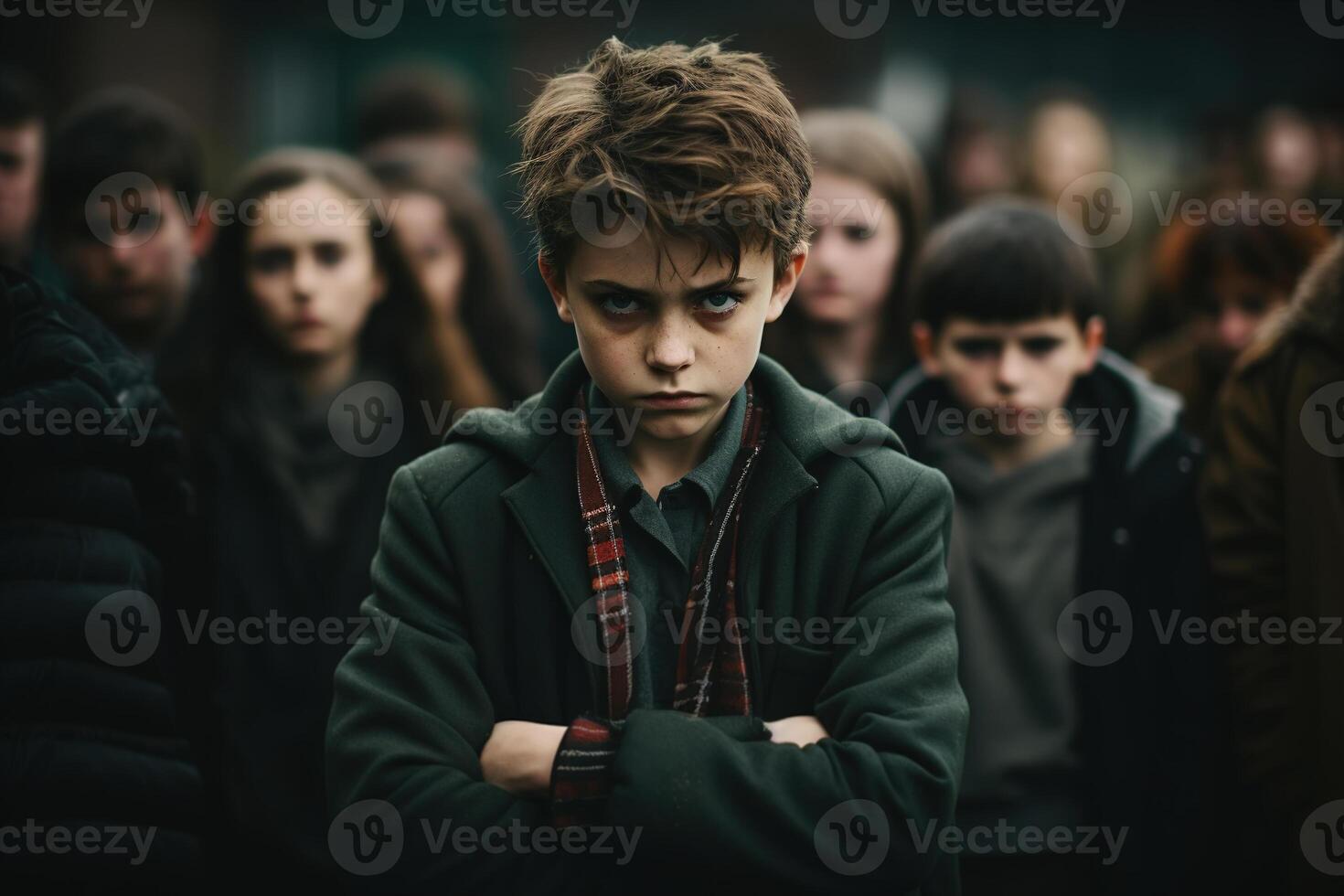 AI generated Angry offended boy in a crowd of children looking at camera outdoors photo