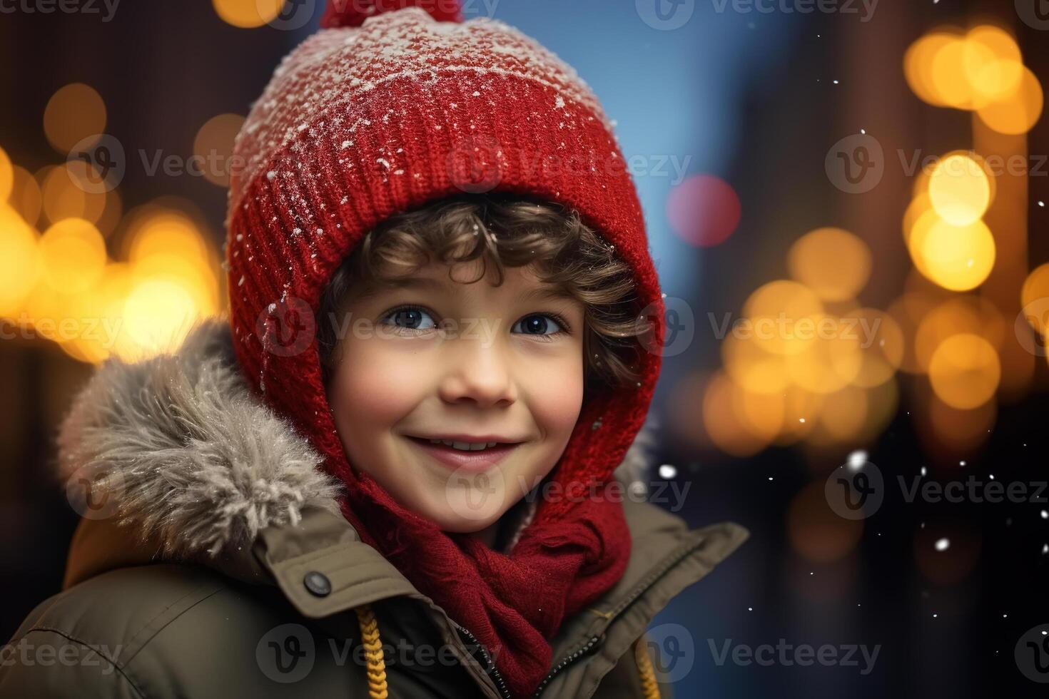 AI generated Children Christmas portrait. Happy little boy in red knitted hat on snowy evening on festive background of lights of bokeh garland outdoors photo