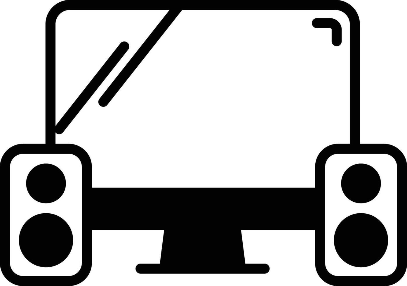 Computer with speaker glyph and line vector illustrations