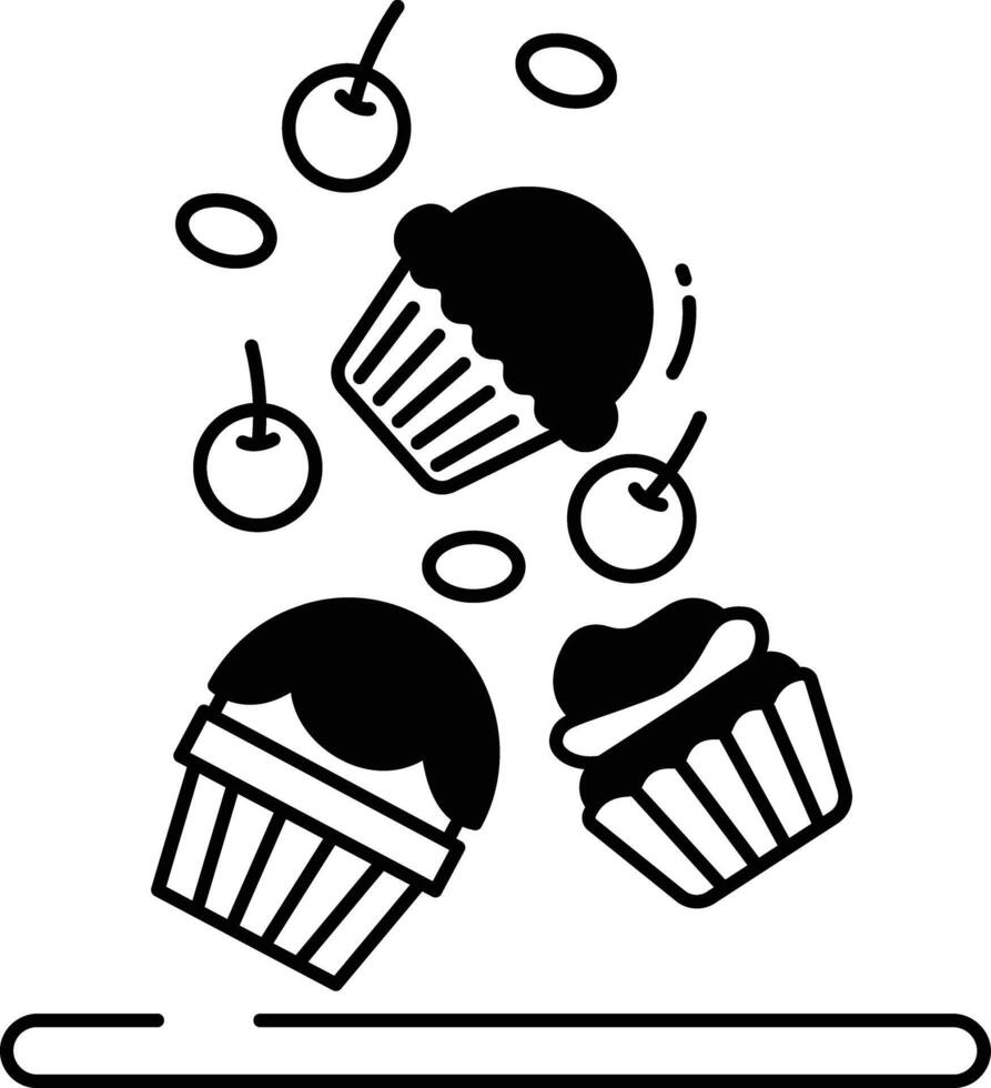 Cupcakes with cherry and gems glyph and line vector illustration