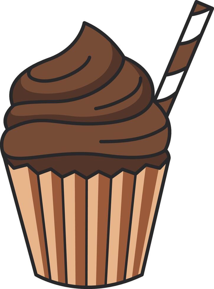 Chocolate cupcake with whipped cream and straw. Vector illustration.