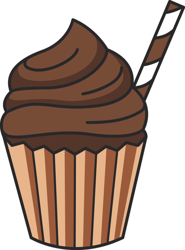 chocolate magdalena con azotado crema y paja. vector ilustración.