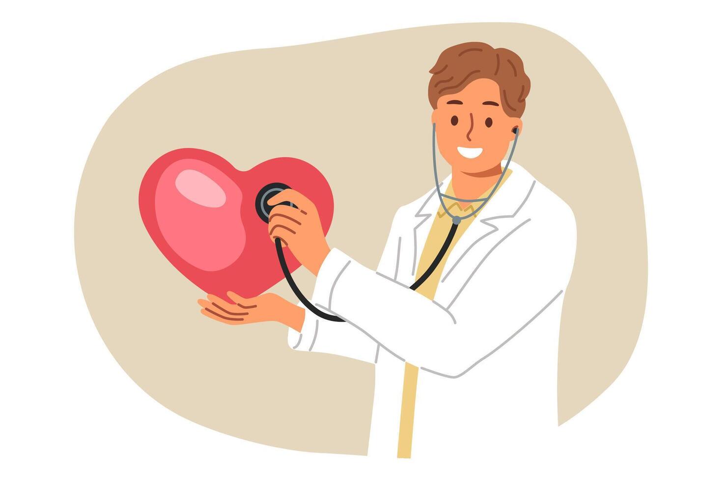 hombre médico con estetoscopio en manos sostiene grande corazón, dando lección en reglas de diagnóstico para personas con cardio enfermedad. médico trata cardio problemas en pacientes con patológico síntomas vector