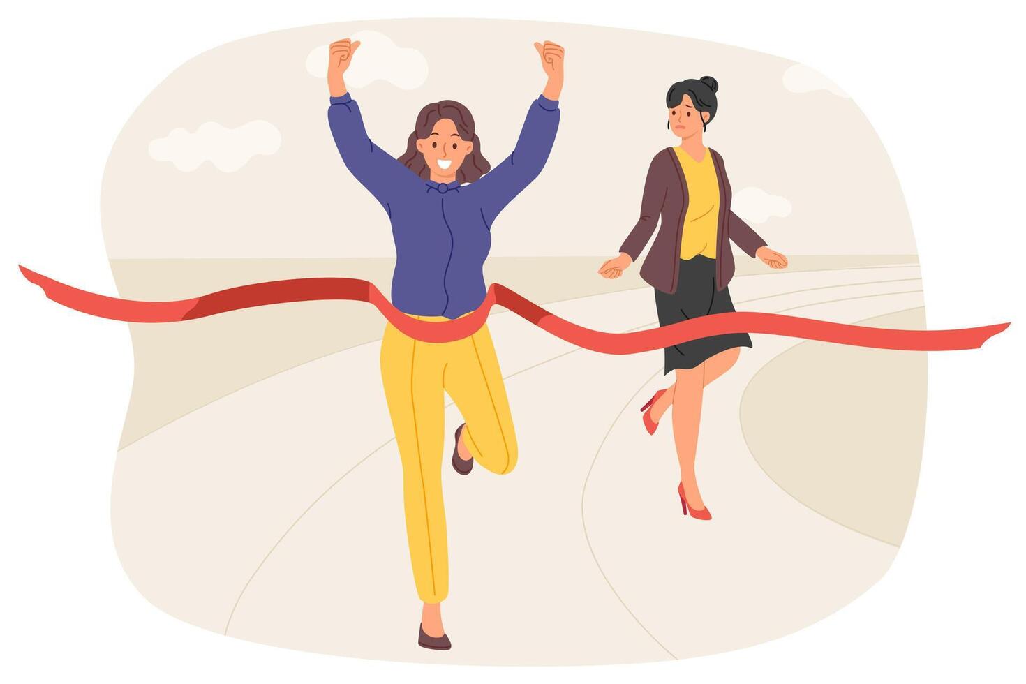 Business woman won running race, overtaking competitor and crossing finish line first. Race between two managers to determine leadership when creating new team or organizing joint business vector