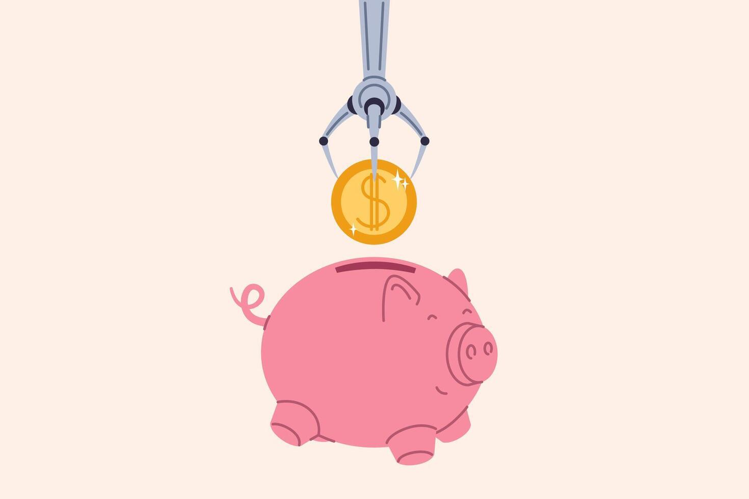 Receiving passive income thanks to hand of robot throwing coin into piggy bank, developing fintech vector