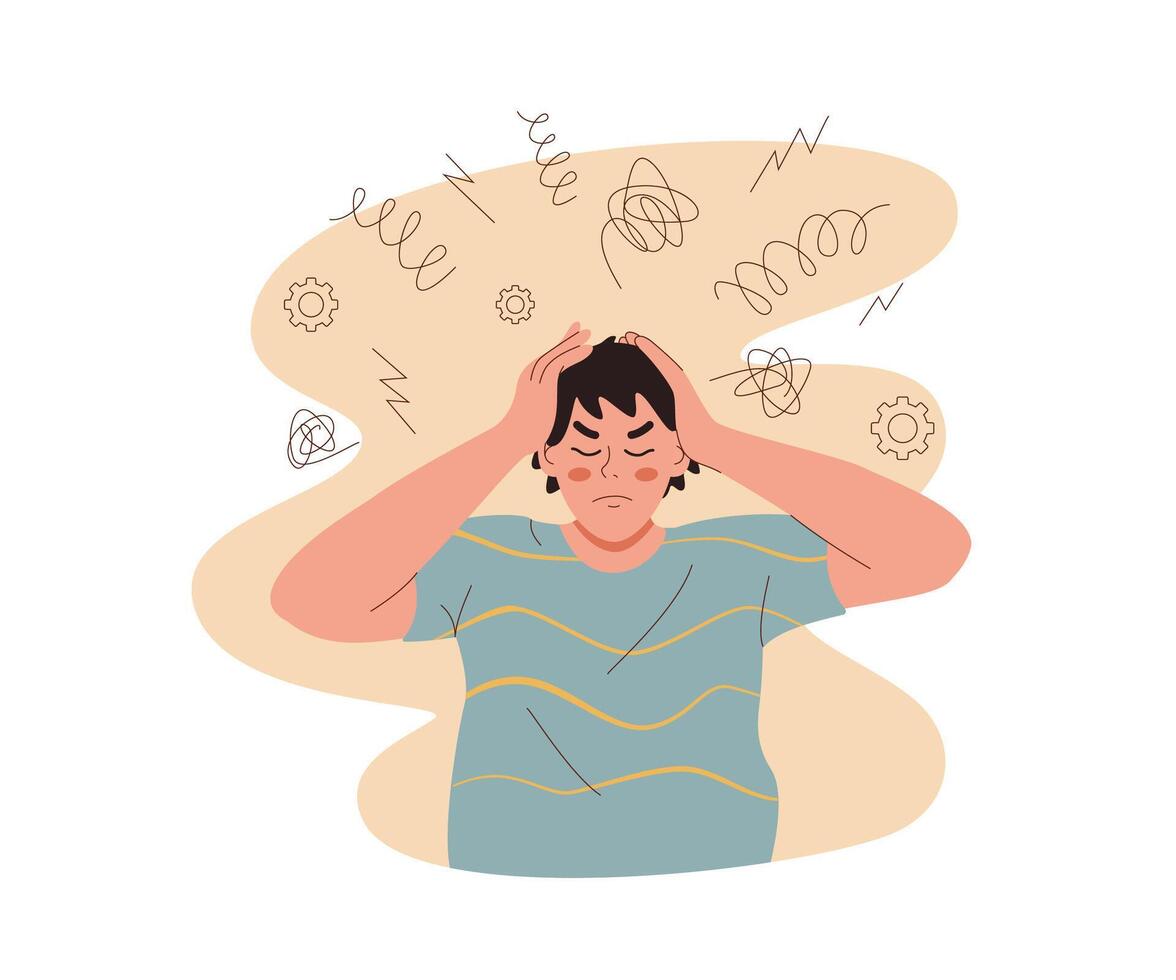 Man suffers from headache caused by overabundance of information, clutching head in attempt to drown out pain. Student guy, tired from studying at university, feels pain in neck and needs rest vector