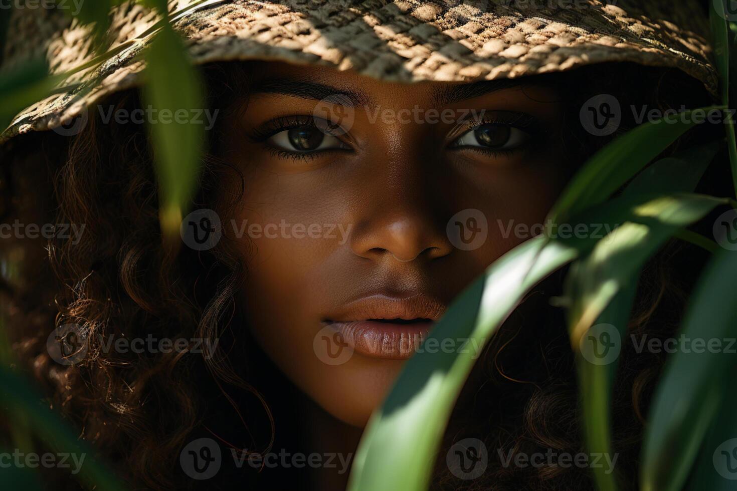 AI generated Close up of face of pretty beauty young woman african american model with clear dark skin peeking out from tropical plants looking at camera photo