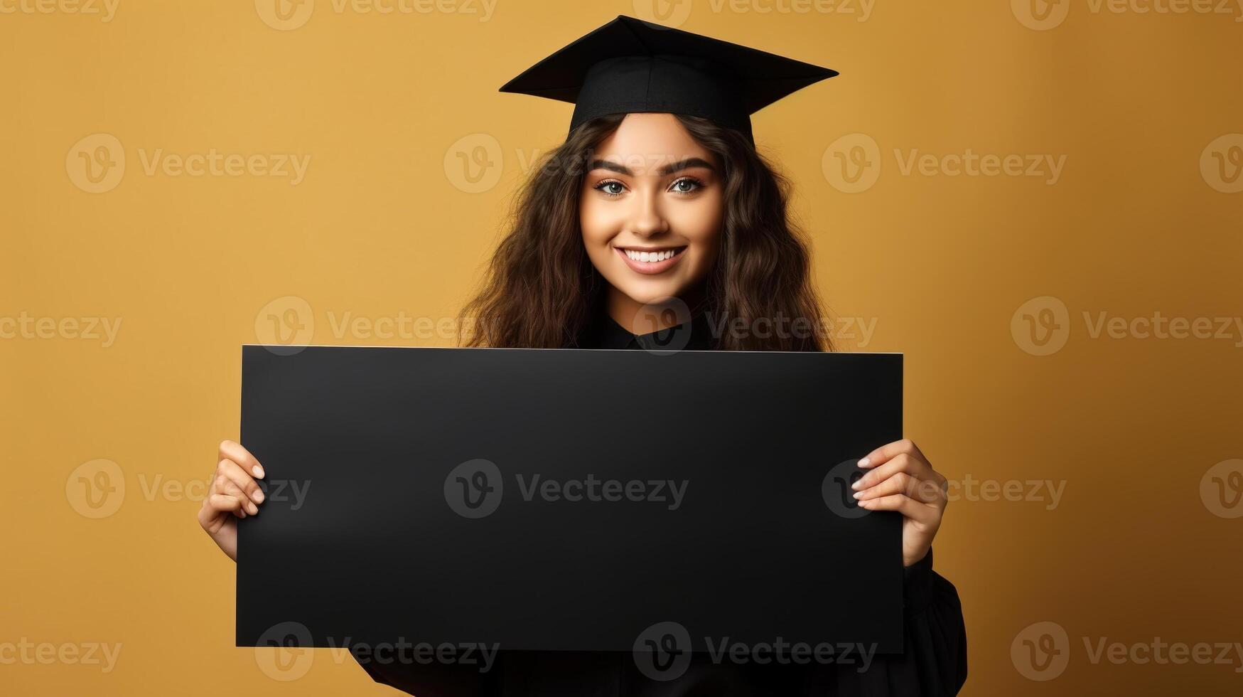 AI generated Smiling female student graduate holding black sign mockup with empty space for text while standing on yellow background and looking at camera photo