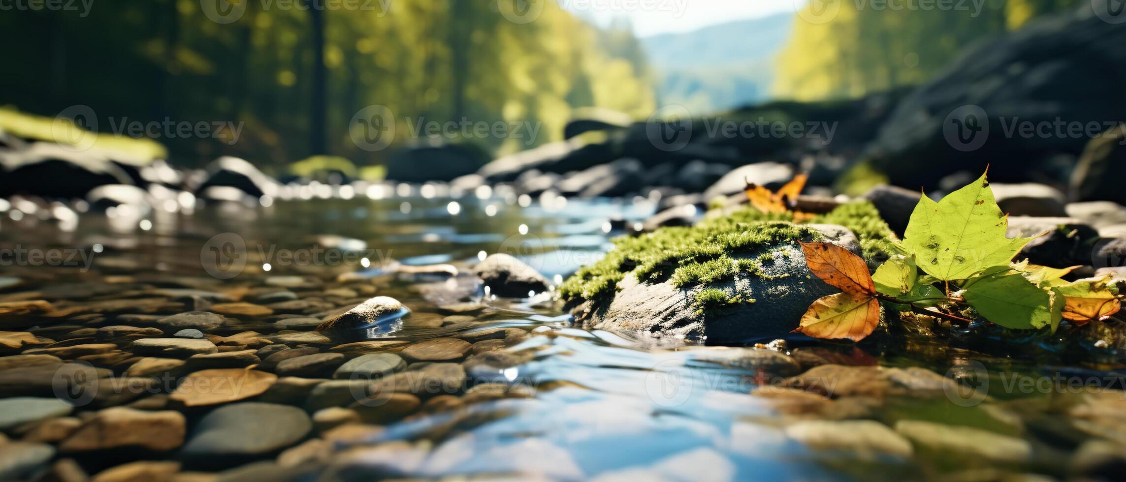 ai generado montaña río natural bandera. de cerca guijarro con musgo, bajo ángulo ver foto