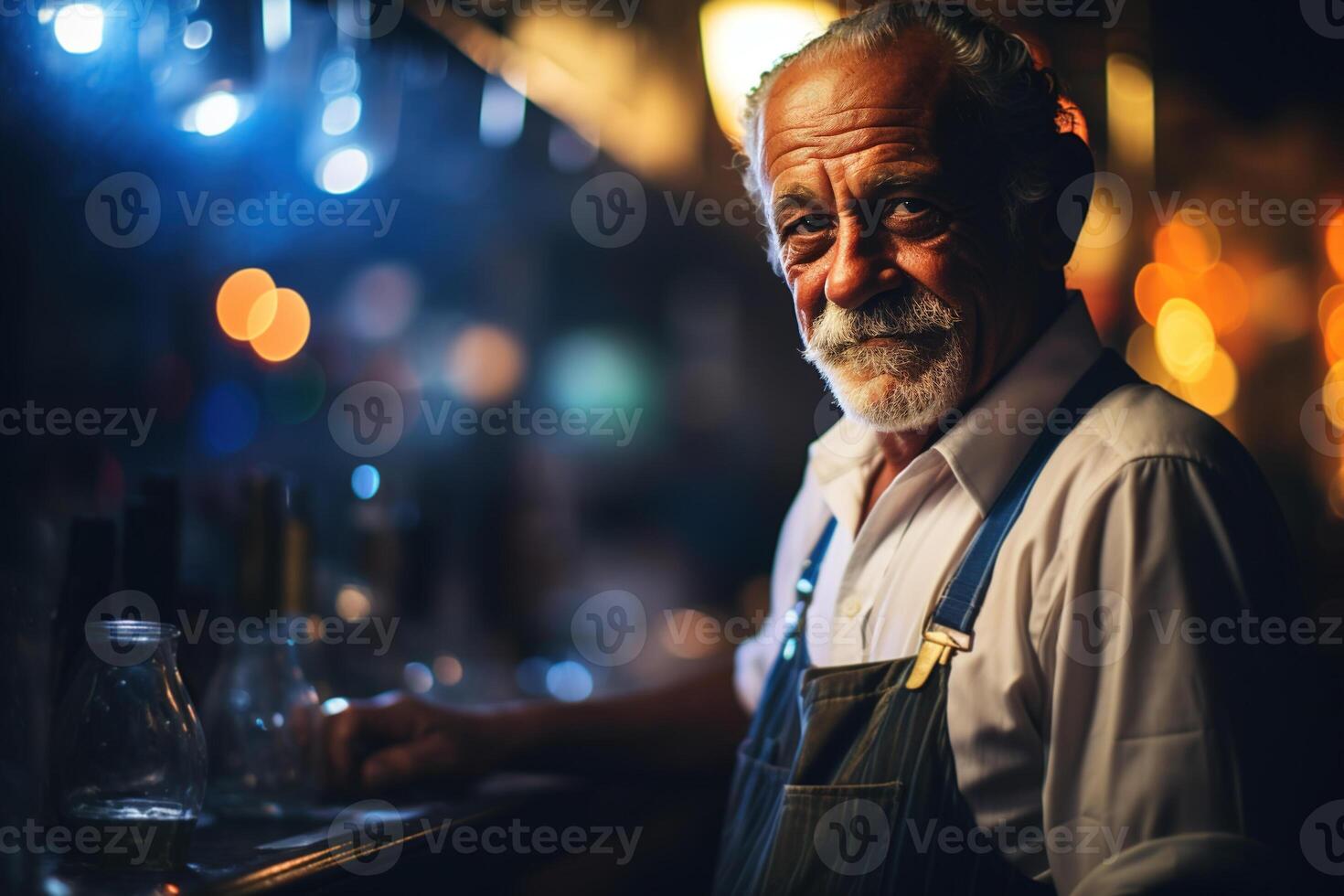 AI generated Bartender senior experienced man in an apron standing in a pub at bar counter and looking at camera, copy space photo