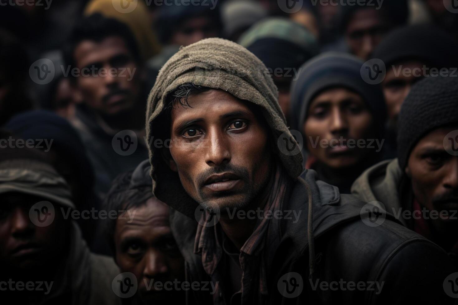 ai generado multitud de pobre medio oriental refugiados, retrato de un Vagabundo desempleados joven masculino migrantes mirando a cámara. social problemas, emigración concepto foto